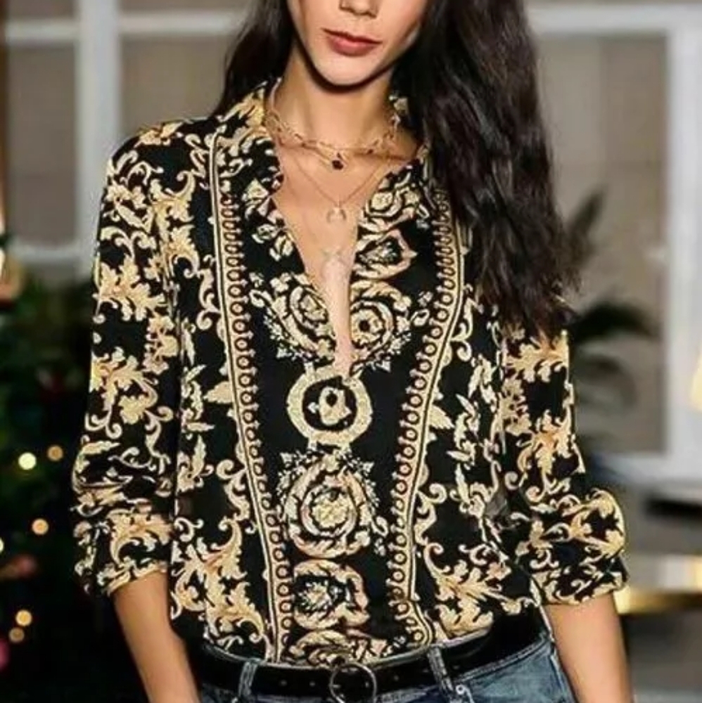Floryday Floral Elegant Black Gold Long Sleeve Tunic S